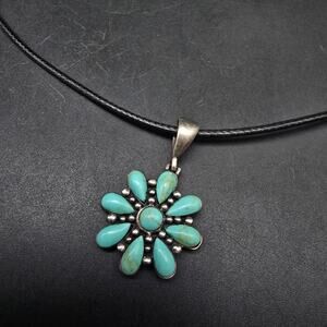 Sterling Silver Turquoise Flower Pendant Necklace Southwest Native
